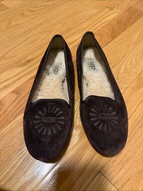 UGG Brown Suede Shearling-Lined Slip-On Flats
